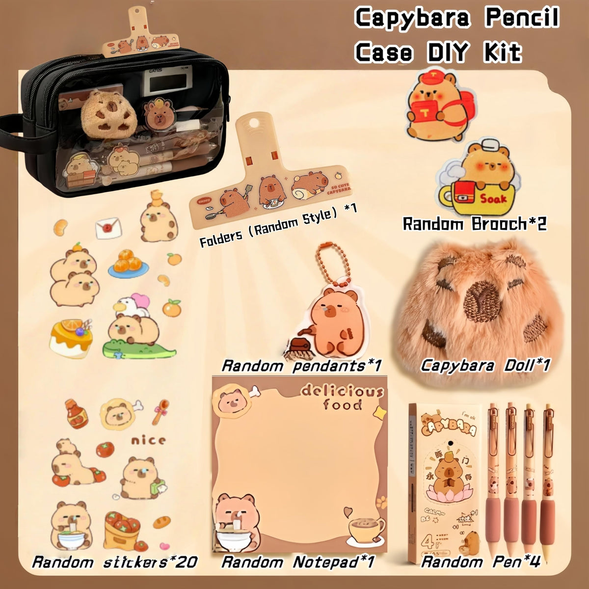 IN Chenthy Kawaii Capybara Pencil Case Kit with Plush +Notepad+Pendant+Stickers+Binder clips+Diary Clip+Pens, 5-Layer Large Capacity Capybara Stationery Set Gifts for Office, Makeup. (Black)