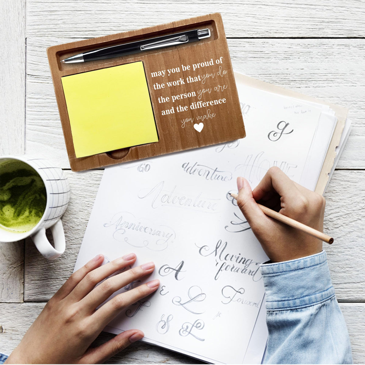 Wooden Desk Note Pen Holder, Inspirational Quote with May You Be Proud of, Motivational Decor for Office Home, Definition Work Gifts for Colleague Family Friends-A02