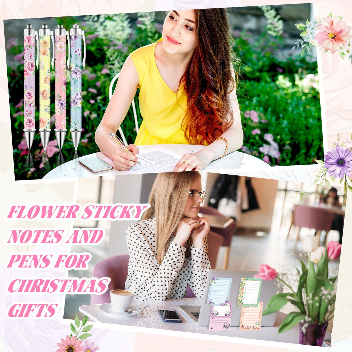 Eaasty 20 Pieces Flower Gift for Women Sticky Notes with Floral Pens, Pencil Bags Makeup Bags, 3 x 4 Inches Cute Note Pads, Funny 1.0 mm Ballpoint Pens, Office Supplies for Women