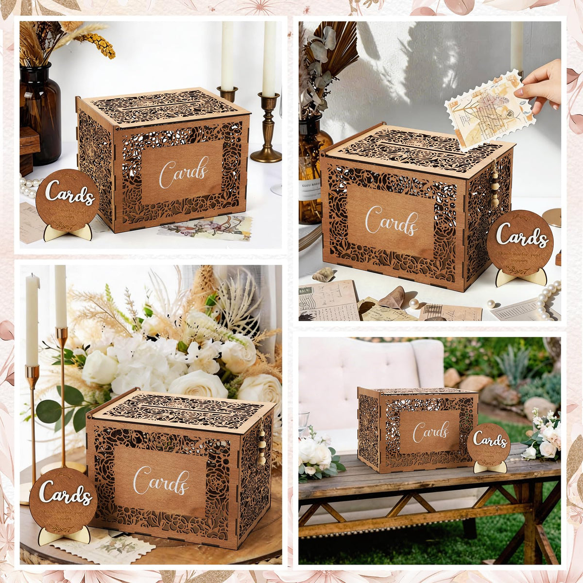 Ferrochef Wedding Card Box with Sign Boho Rustic Wood Gift Card Box Vintage Money Cards Holder for Wedding Baby Shower Graduation(Flower,Brown,11.4 x 9 x 8.5 Inches)