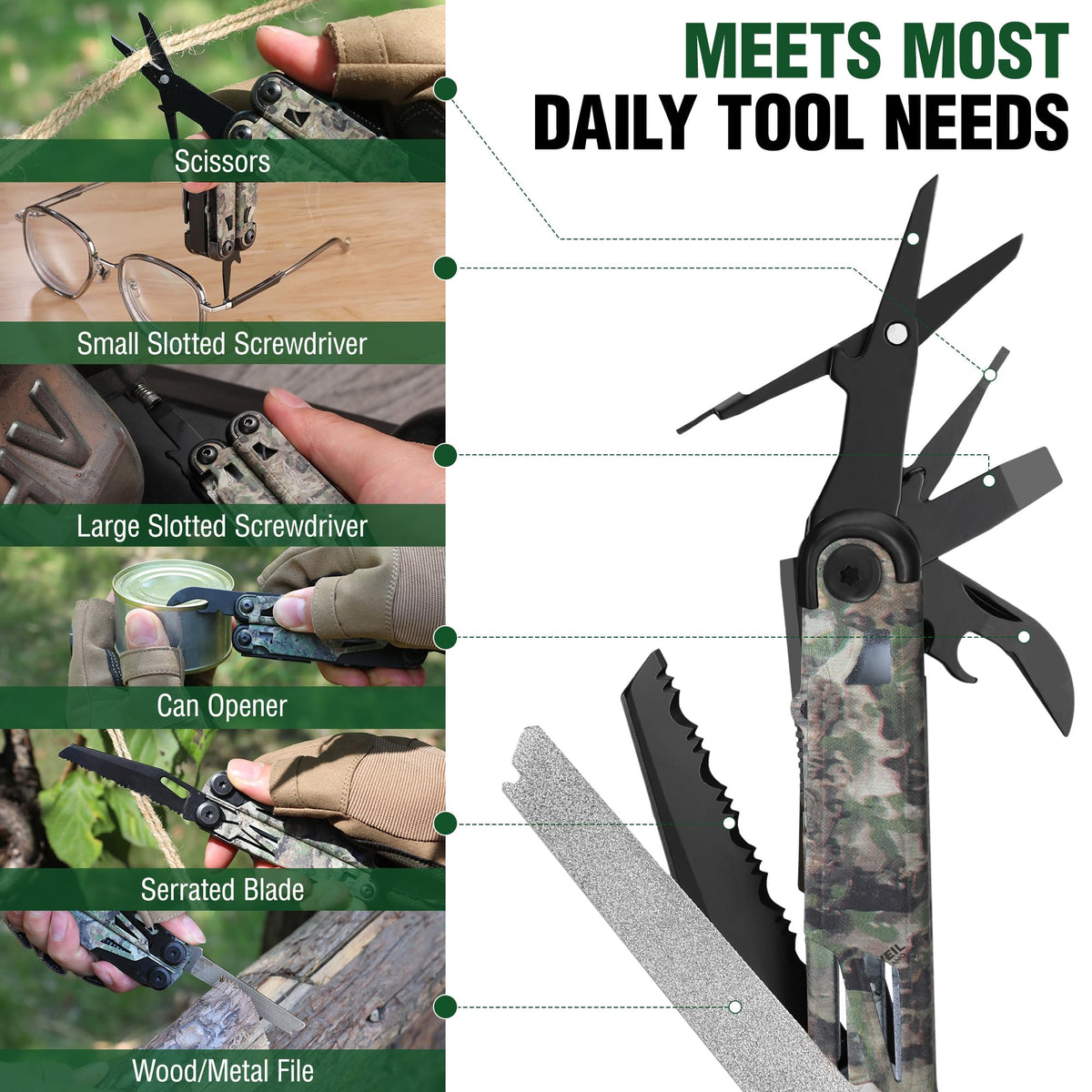 FLISSA Multitool, 15-in-1 Multi Tool Pocket Knife with Sheath, Stainless Steel EDC Multitool Pliers for Men, Camo All-in-One Tools for Camping, Fishing, Survival