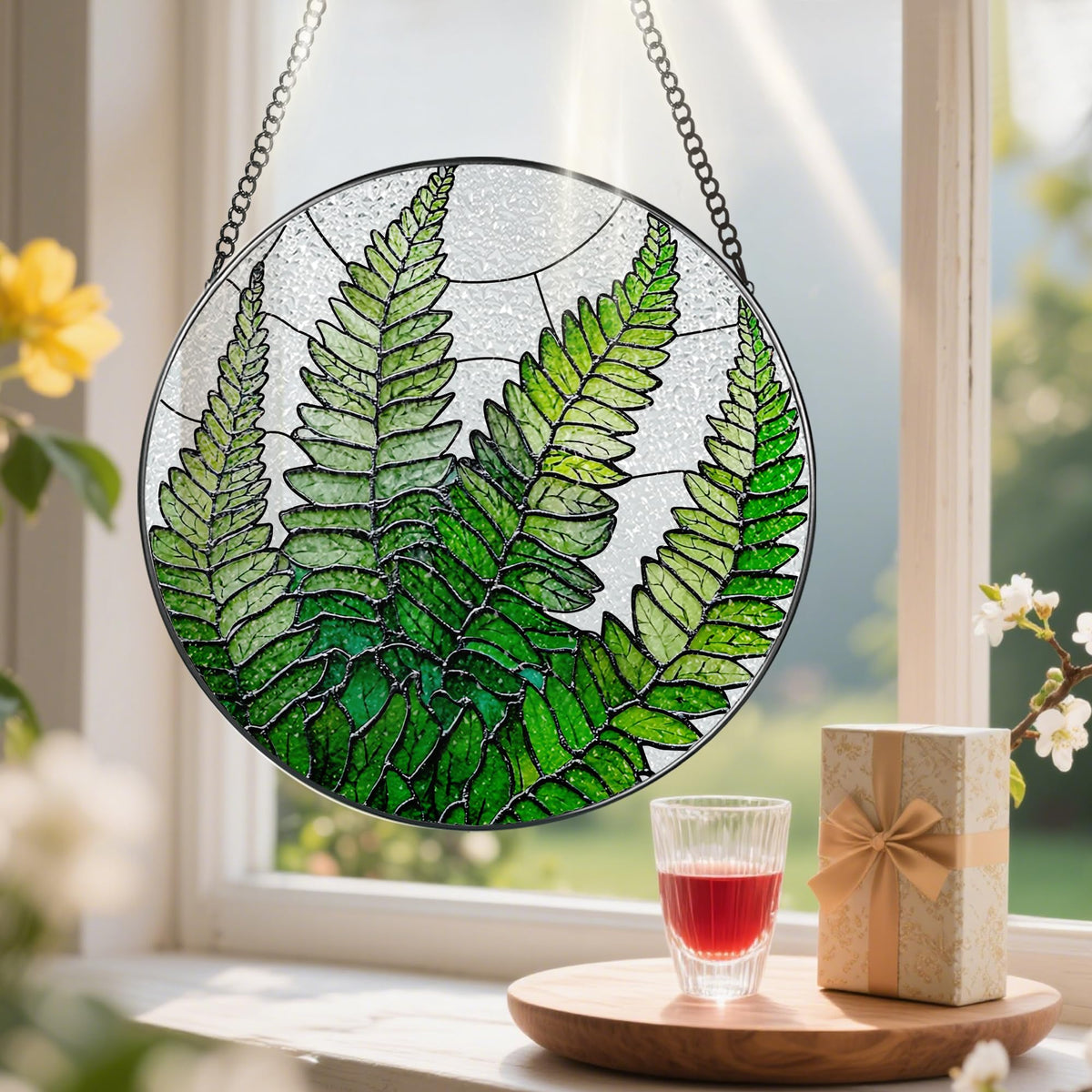 8-Inch Stained Glass Ornament, Stained Glass Window Hanging, Window Hanging Decor Suncatcher, Fern Plant Ornament | Christmas, Mother's Day, Birthday | Gifts for Mom, Grandma Gifts, Plant Lover Gift