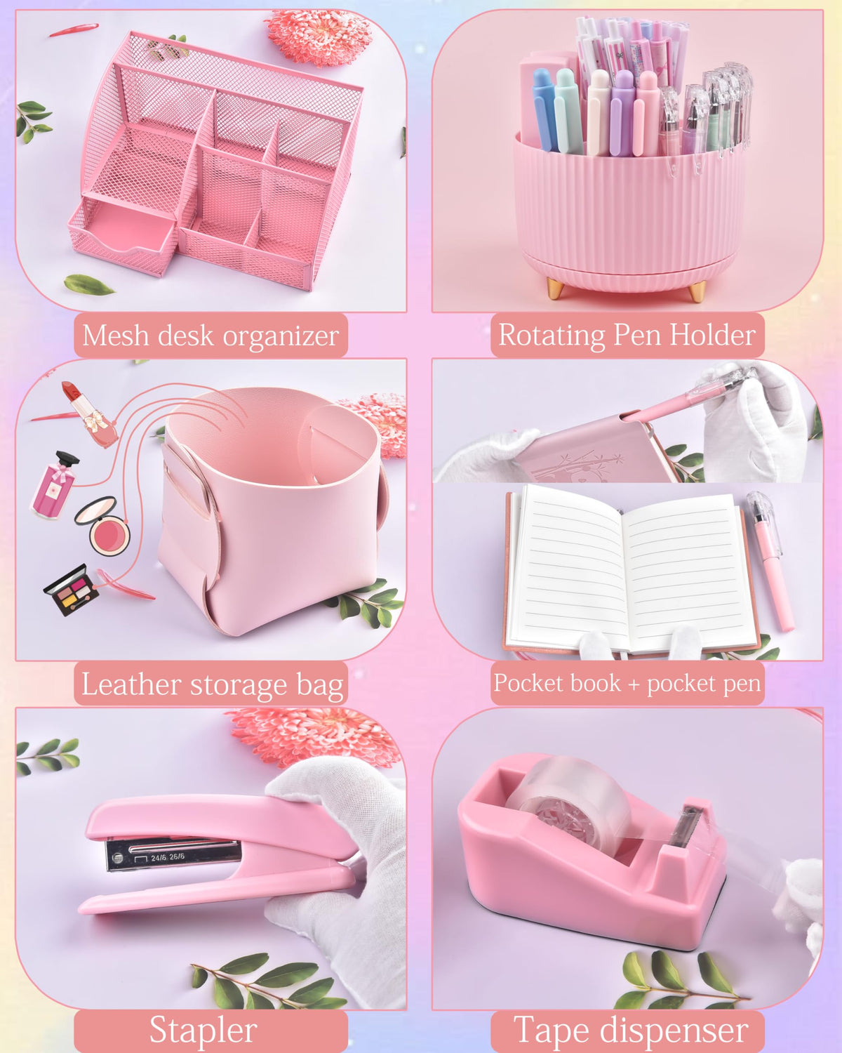Vamrak Pink Desk Accessories and Organizers with Desk Organizer and 360°Rotating Pen Holder stapler Pen and a Lot of Office Pink Office Supplies Beautifully Presented in a Gift Box