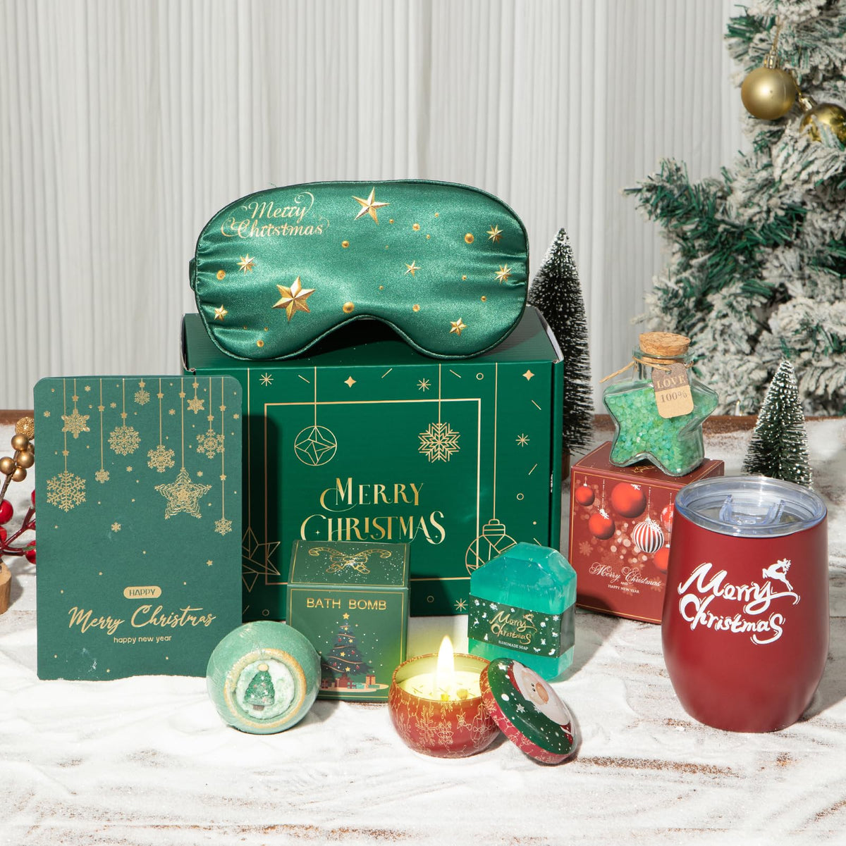 Christmas Gifts Basket for Women Men, Merry Christmas Gifts Box Relaxing Bath Gifts Xmas Scented Candles Insulated Tumbler Gifts Set for Wife Friends Sister Mom