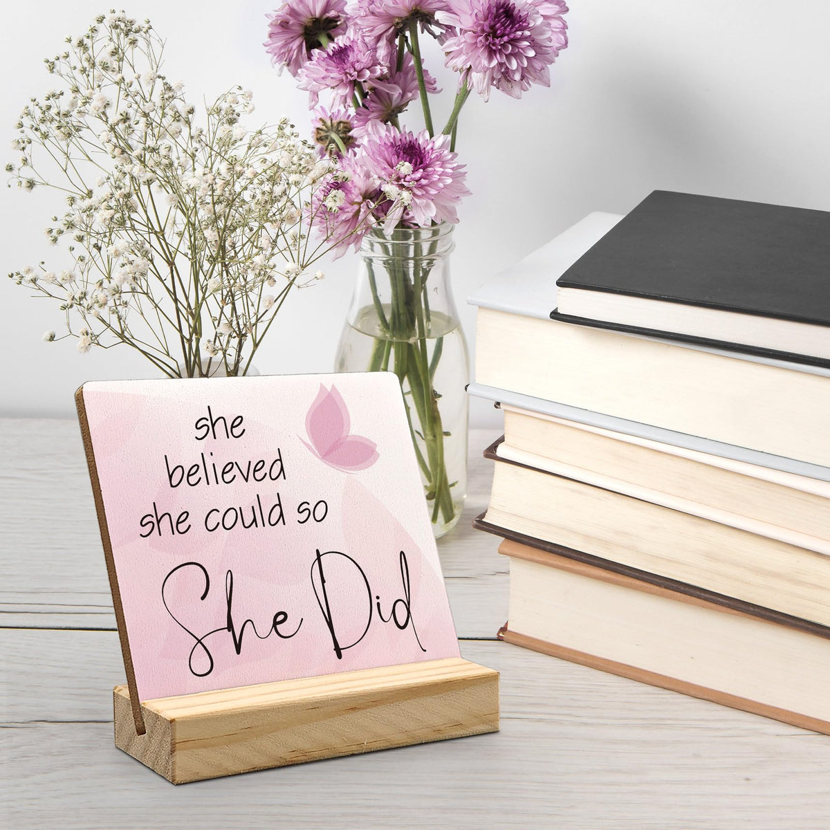 ANIANG Inspirational Desk Decor, Motivational Quote Wood Plaque, Inspirational Positive Gifts for Women,Pink She Believed She Could So She Did Wooden Plaque Sign with Wood Stand for Home Office Decor