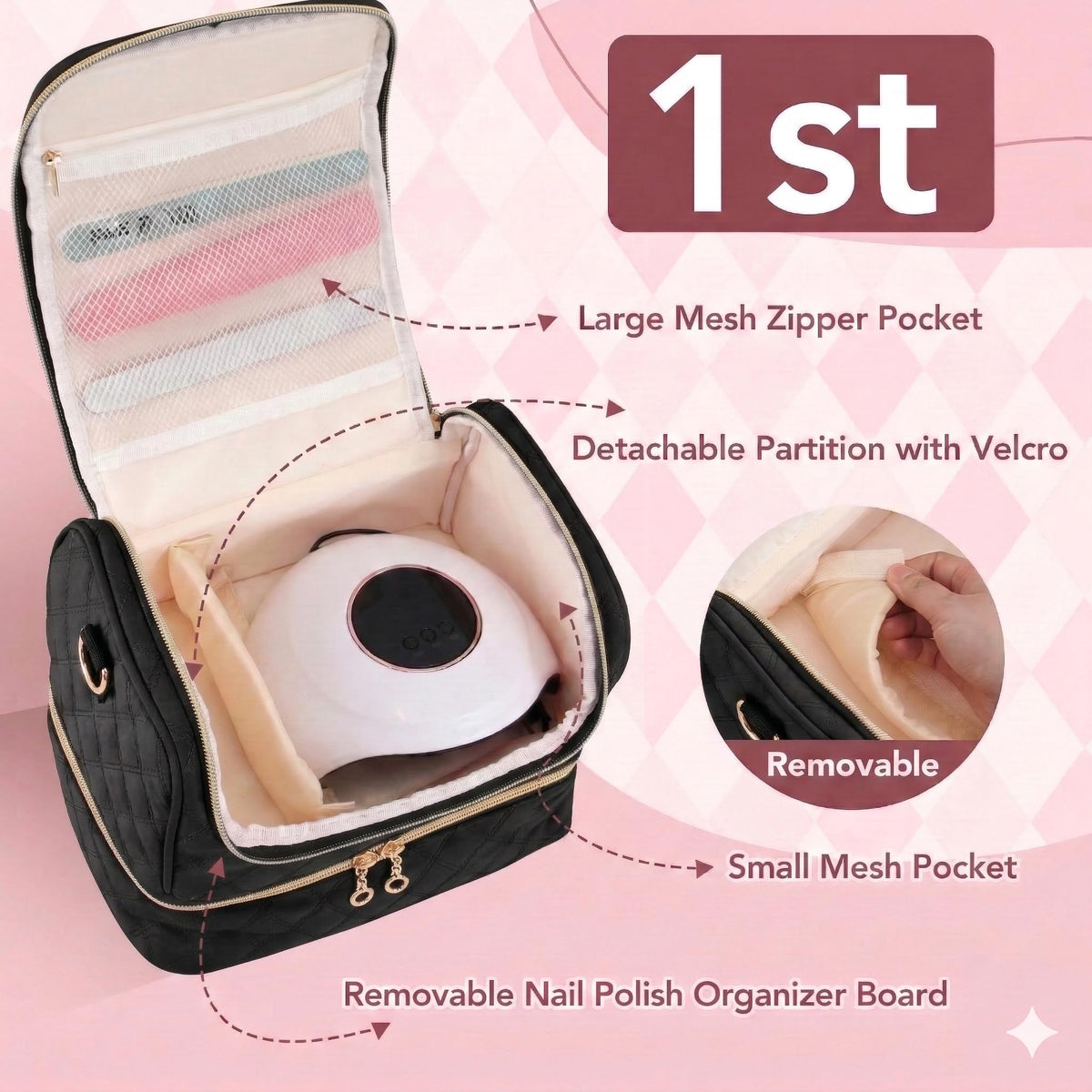 BAGCRAZY Nail Polish Organizer Case, Double Layer Nail Supplies Storage Bag holds 24 Bottles & UV/LED Lamp, Quilted Portable Manicure Travel Case with 8 Pcs Tools, for Nail Tech, Home & Salon, Black
