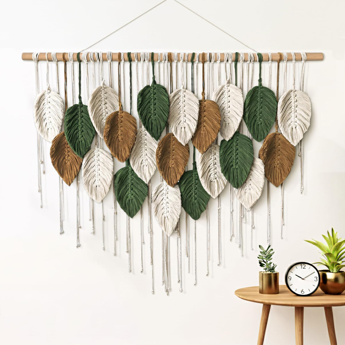 KORSIV Large Macrame Wall Hanging Boho Woven Tapestry, Modern Bohemian Handmade Leaf Feather Wall Art Decorations for Apartment Dorm Living Room Bedroom Nursery Backdrop, Chic Home Decor