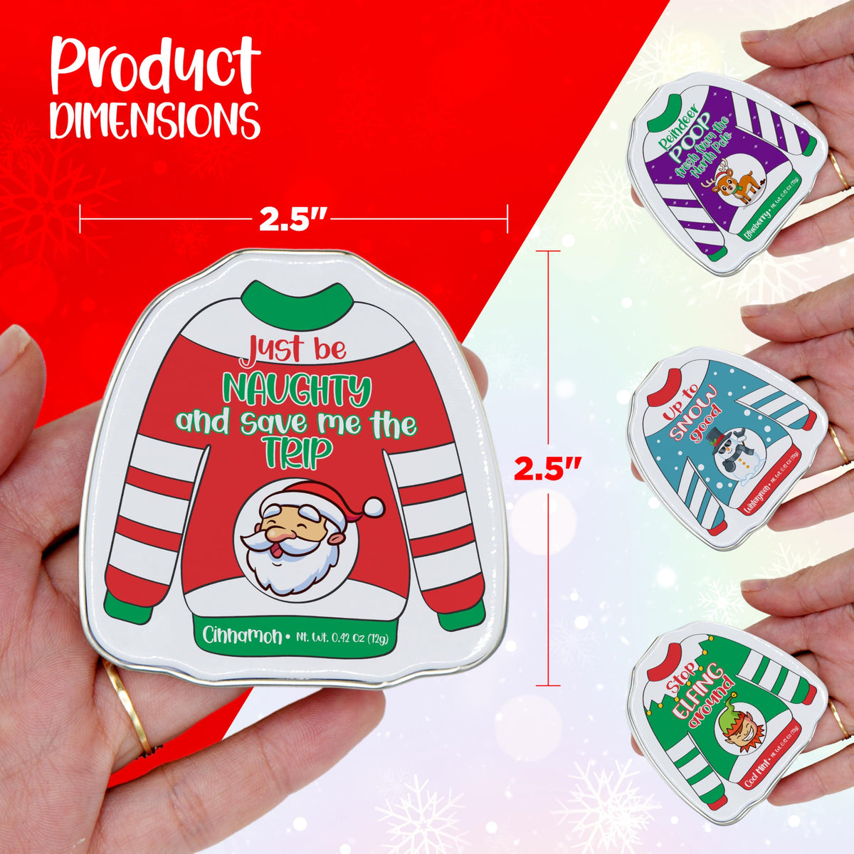 4E's Novelty Humorous "Christmas Poop" Candy Breath Mint Tins, 4 Pack Ugly Sweater Tins Funny Christmas Candy Stocking Stuffer for Kids Teens Adults Boys Girls Unique Funny Gag Gift White Elephant Gift Exchange for Men Women