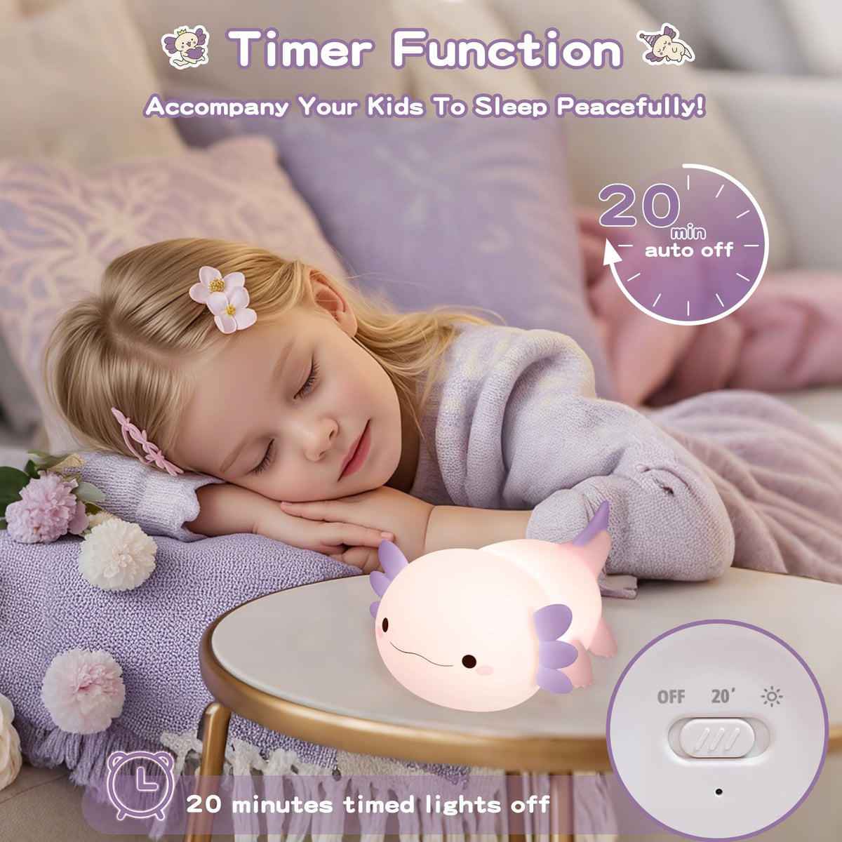 Axolotl Night Light for Kids,Cute Purple Axolotl Lamp ,LED Squishy Nursery Nightlight, Soft Silicone Novelty Animal Bedside Touch Lamp, Room Decor,Axolotl Gifts for Mom Girls Baby, Mother's Day Gift