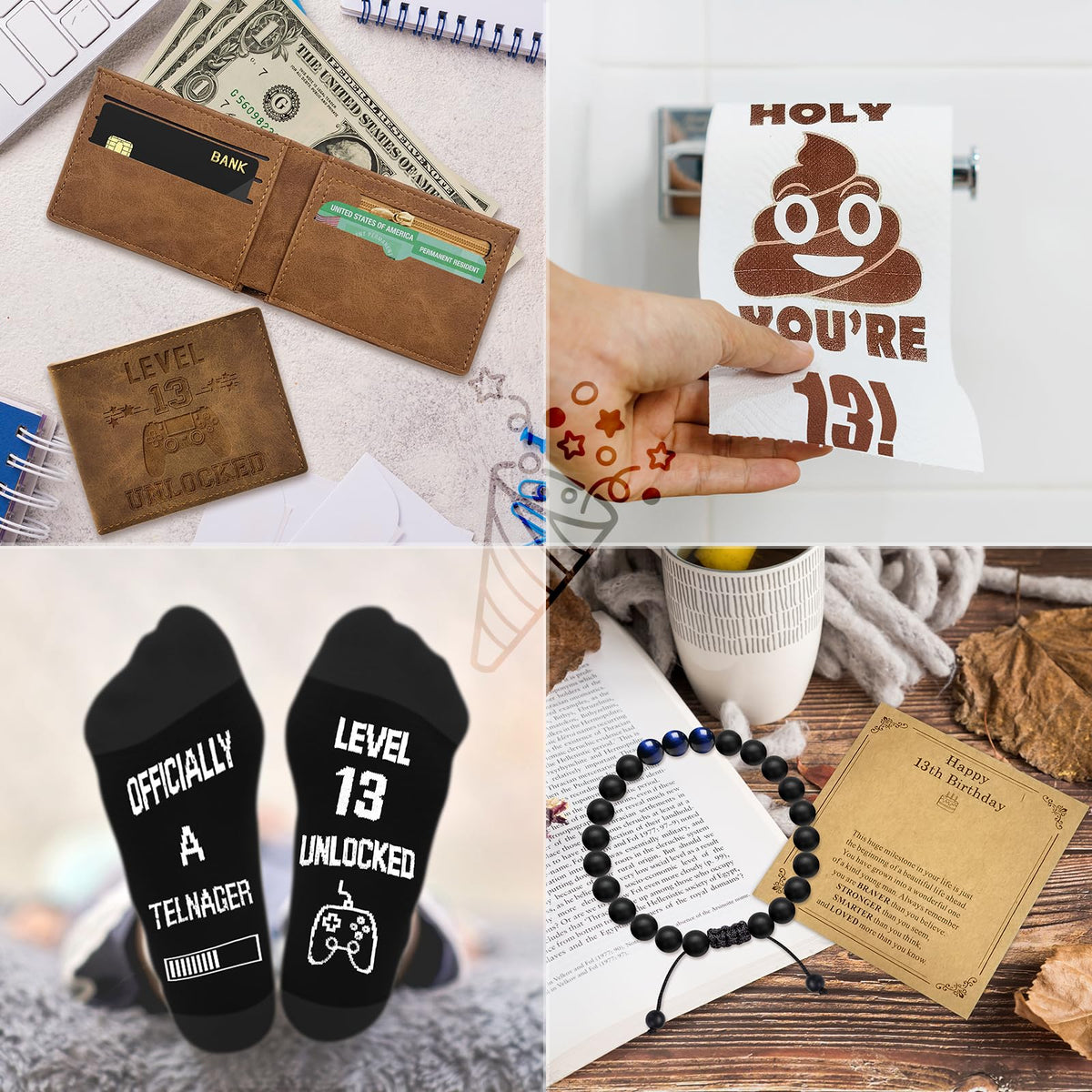 JTAMOHI 8 Pcs Happy 13th Birthday Gifts for Boys, 13 Year Old Boy Birthday Gifts Ideas with 20 Oz Tumbler, Funny Socks, Toilet Paper, Teen Wallet, Bracelet, Keychain for Son, Nephew, Grandson, Brother