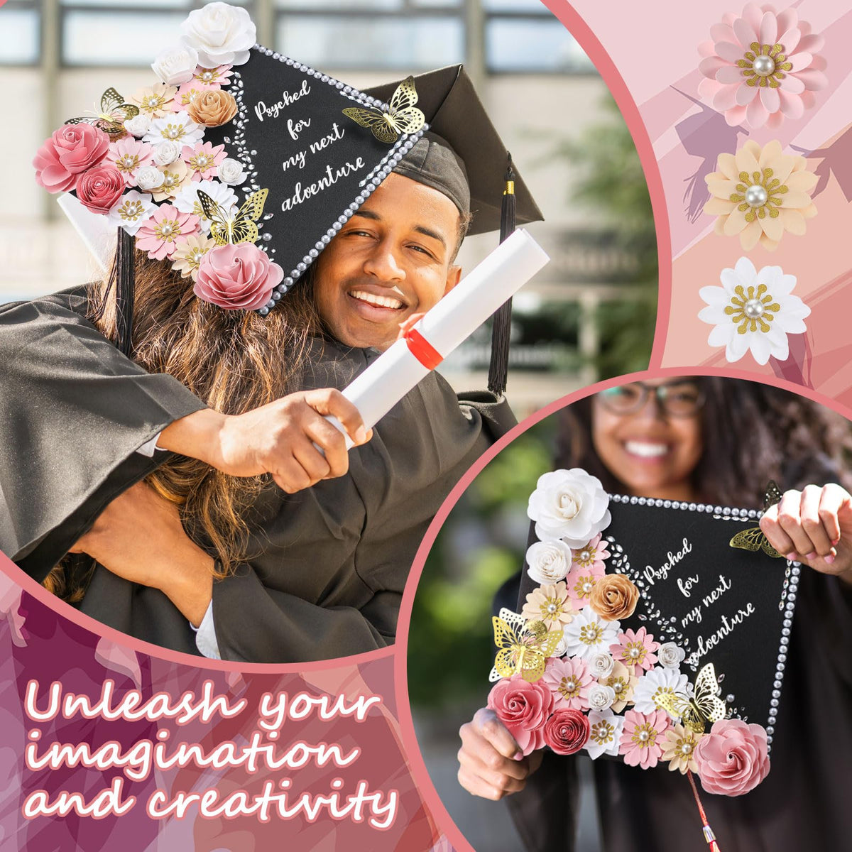 Thiccywoov 43 Pcs Graduation Cap Decorations Kit Includes Artificial Flowers Faux Flower Heads 3D Butterfly Stickers Pearl Rhinestones Glitter Stickers for Grad Cap Topper DIY Graduation Gift(Pink)