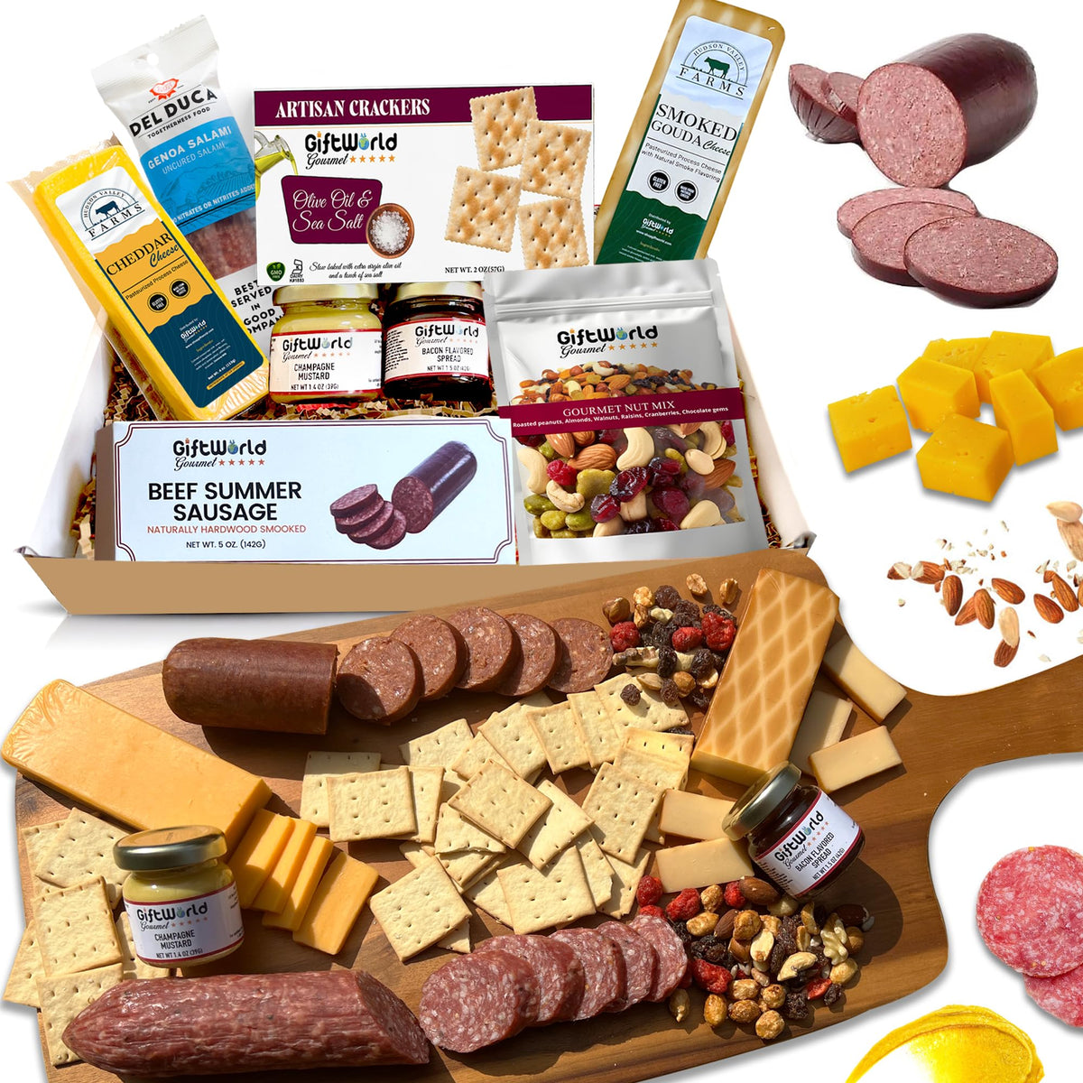 Charcuterie Meat and Cheese Gift Basket, Charcuterie Board Food Items, Food Gifts for Men, Meat Sampler For Men, Tailgating, Business, Congratulations, Care Packages, Thanksgiving and Christmas Gifts (8-item Bundle)