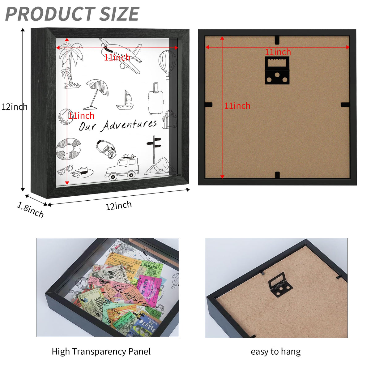 Jackma Travel Tickets Collection Shadow Box Frame, Funny Display Box for Collecting Tickets of Sporting Travelling Events – Piggy Bank Frame Memory Box with Slot on Top, Black 12x12”