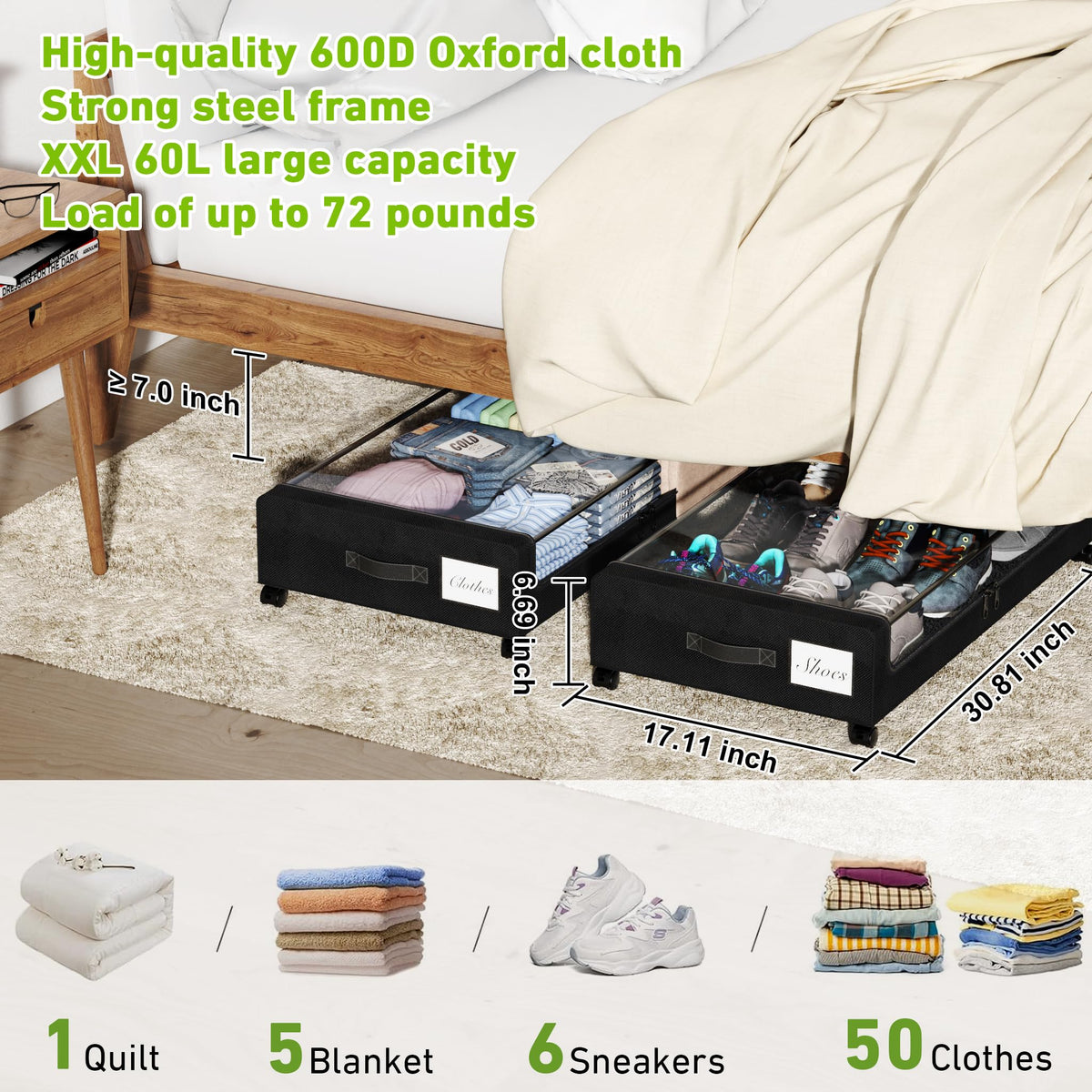 Tututry Under Bed Storage with Wheels, XXL 60L Under the Bed Storage Bins, Underbed Storage Containers with Lids & Label, Rolling Metal Drawer for Shoes, Clothes, Books, Toys (2-Pack Black)