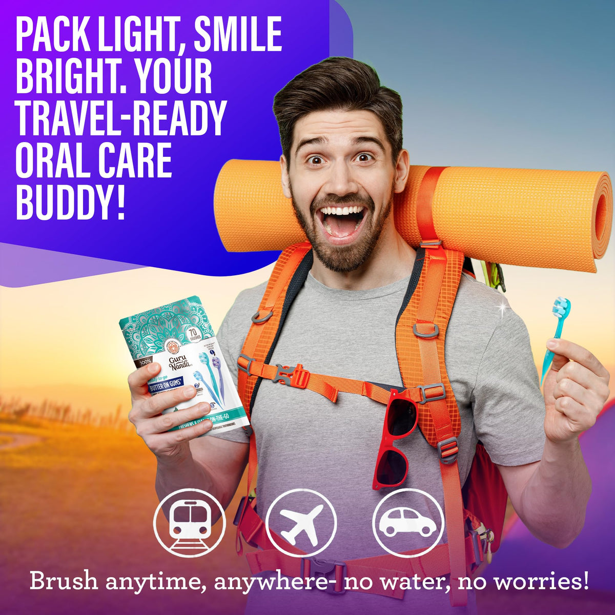 GuruNanda Ready-to-Go Disposable Mini Travel Toothbrush - Butter on Gums Softex Bristles, Prepasted Toothbrush & Toothpick - Fluoride-Free, No Rinsing Needed, Individually Wrapped, 70 Ct