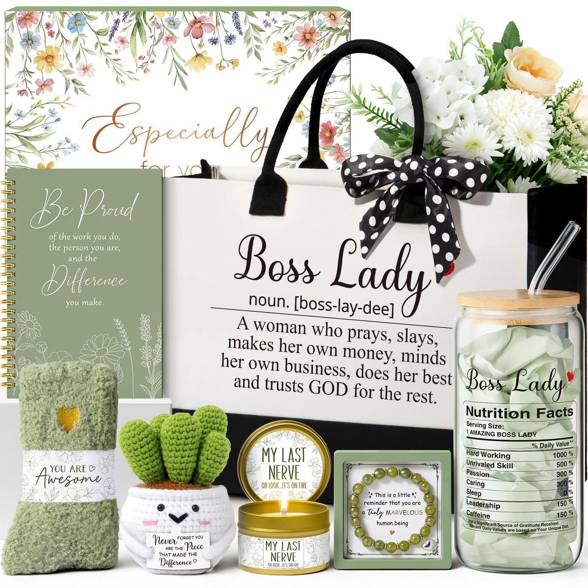 Bosses Gifts for Women, Best Boss Lady Gifts for Women, Unique Appreciation Thank You Mothers Day Easter Birthday Gift Baskets for Boss Female, Going Away Leaving Bosses Day Gift Set w/Canvas Tote Bag