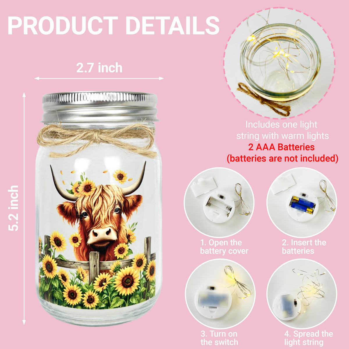 Highland Cow Inspirational Gifts for Women - Double-Sided Decorative Mason Jar Light, New Beginning Self Care Motivational Sunflower Decor Gift for Friends Daughter Sister Coworker