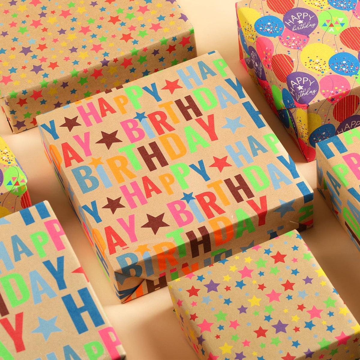 BIOBROWN Kraft Birthday Wrapping Paper - Mini Roll - 17 inch X 120 inch Per Roll - Colorful Text Happy Birthday Balloon Star Design for Party, Baby Shower, Holiday