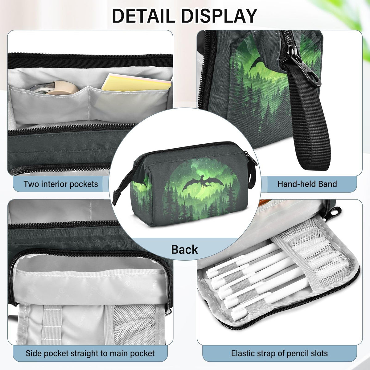 Sletend Cool Dragon Green Pencil Bag Pencil Case for Teen Boy Girl, Big Capacity Pen Bag Zipper Pencil Pouch with Handheld Aesthetic Pencil Pouch with Print School Office Pencils Stationery