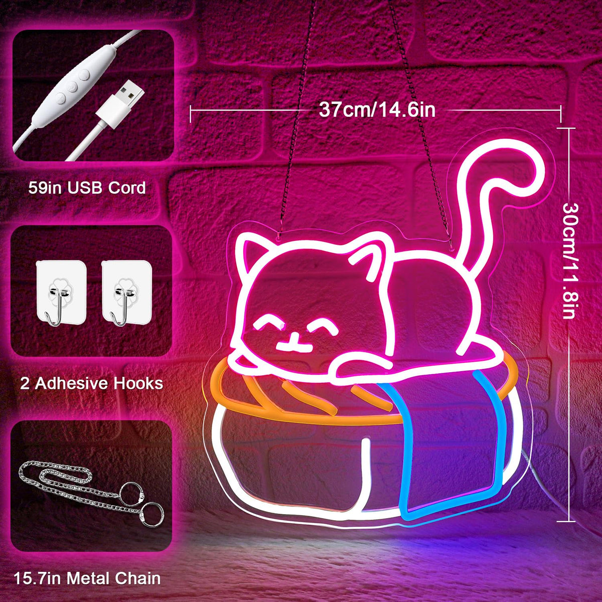 Sneignon Cute Sushi Cat Neon Sign for Bedroom,Light Up Cat Sign for Pet Store Wall Decor,Kawaii LED Neon Light for Cat Sushi Lovers,Pink Cat Wall Sign for Girls Room,Animal Neon Light Up Wall Art