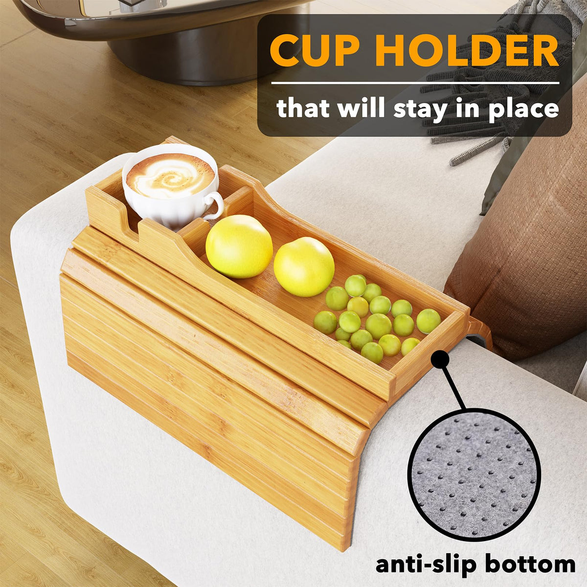 SpaceAid Bamboo Couch Cup Holder, Anti Falling Foldable Sofa Armrest Tray with Cup Holder, Couch Arm Side Table Organizer for Drink Cup Remote Snacks (Natural)