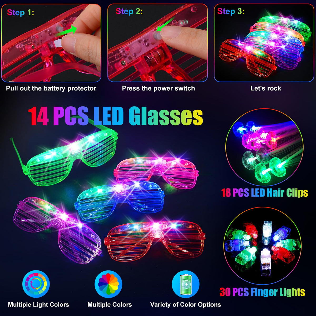 SHQDD 158 PCS Glow in the Dark Party Supplies, 14PCS LED Glasses, 30LED Finger Lights, 14LED Light Hairs and 100PCS Glow Sticks Bracelets, Neon Party Favors for Wedding, Concert, Birthday, New Year