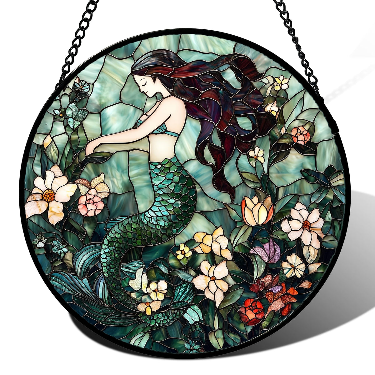 JOSUMALY Stained Glass Window Hanging - Teal Sleeping Mermaid Suncatcher for Door Terrace Garden Home Decor, Sea of Flowers Sun Catcher Birthday Gifts for Lovers Women Men Dad Mom Nana 7.8 in