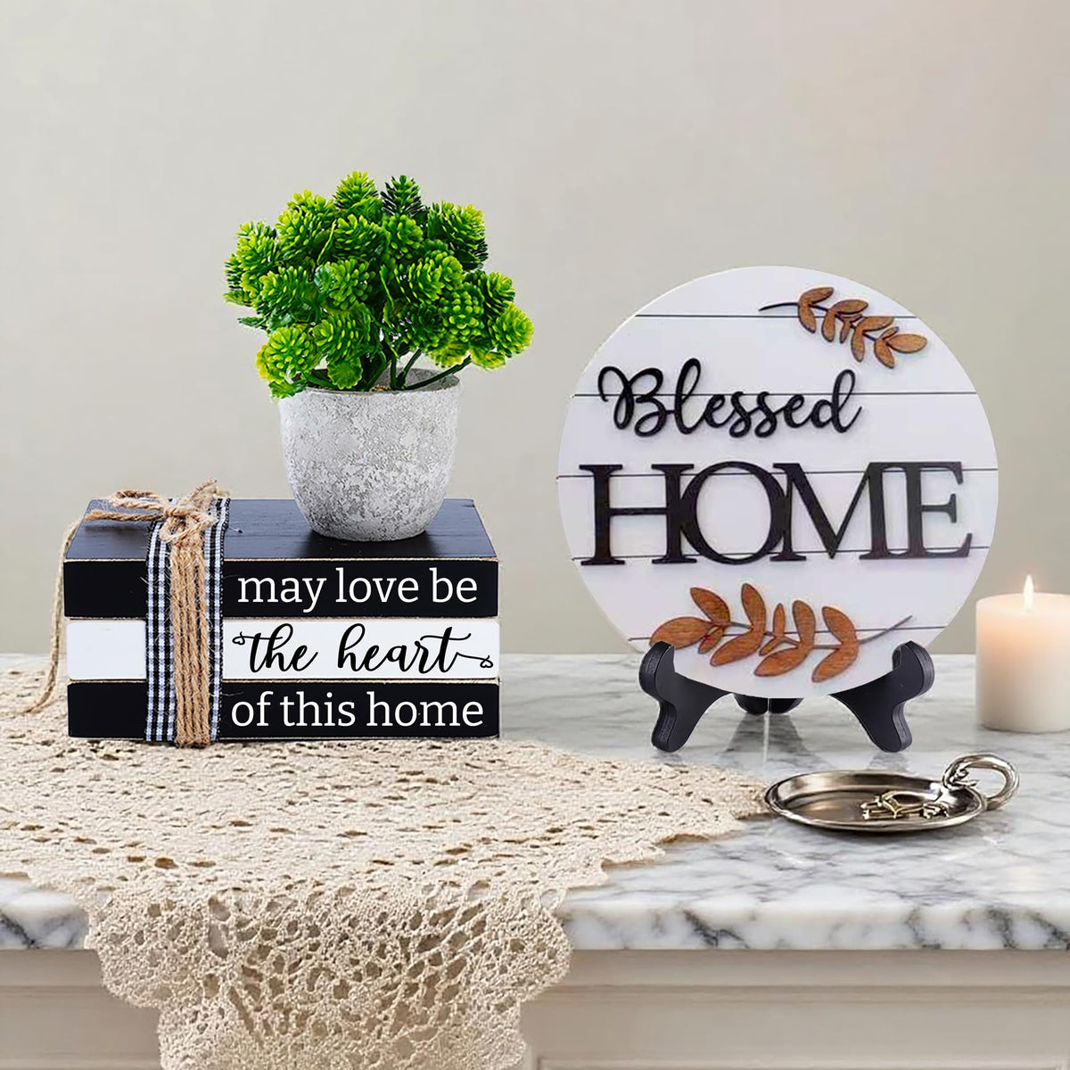 Dazingart Housewarming Gifts for Home Decoration, Farmhouse Home Tiered Tray, May Love Be The Heart of This Home Mini Wooden Book Stack, Family Home Decor Book Bundle Blessed Signs (Blessed Home)