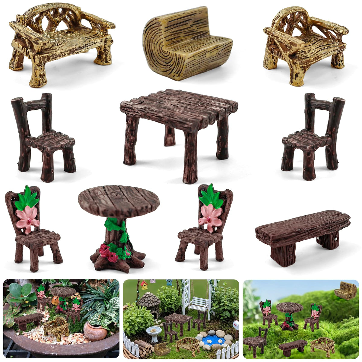 Morofme 10 Pcs Mini Garden Furniture Ornaments Miniature Table and Chairs Resin Bench Chair Kit Garden Furniture Accessories for Cake Topper Micro Landscape DIY Craft Succulent Flower Pot Decorations