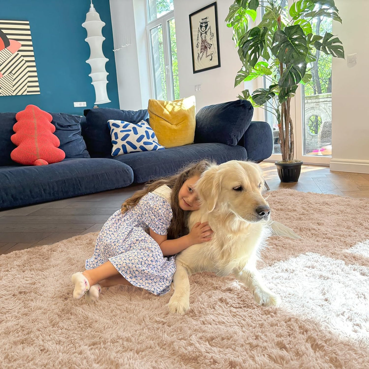 OLANLY Soft Fluffy Shaggy Bedside Rug - Machine Washable 3x3 ft Entryway Carpet | Beige Decor for Kids' Rooms