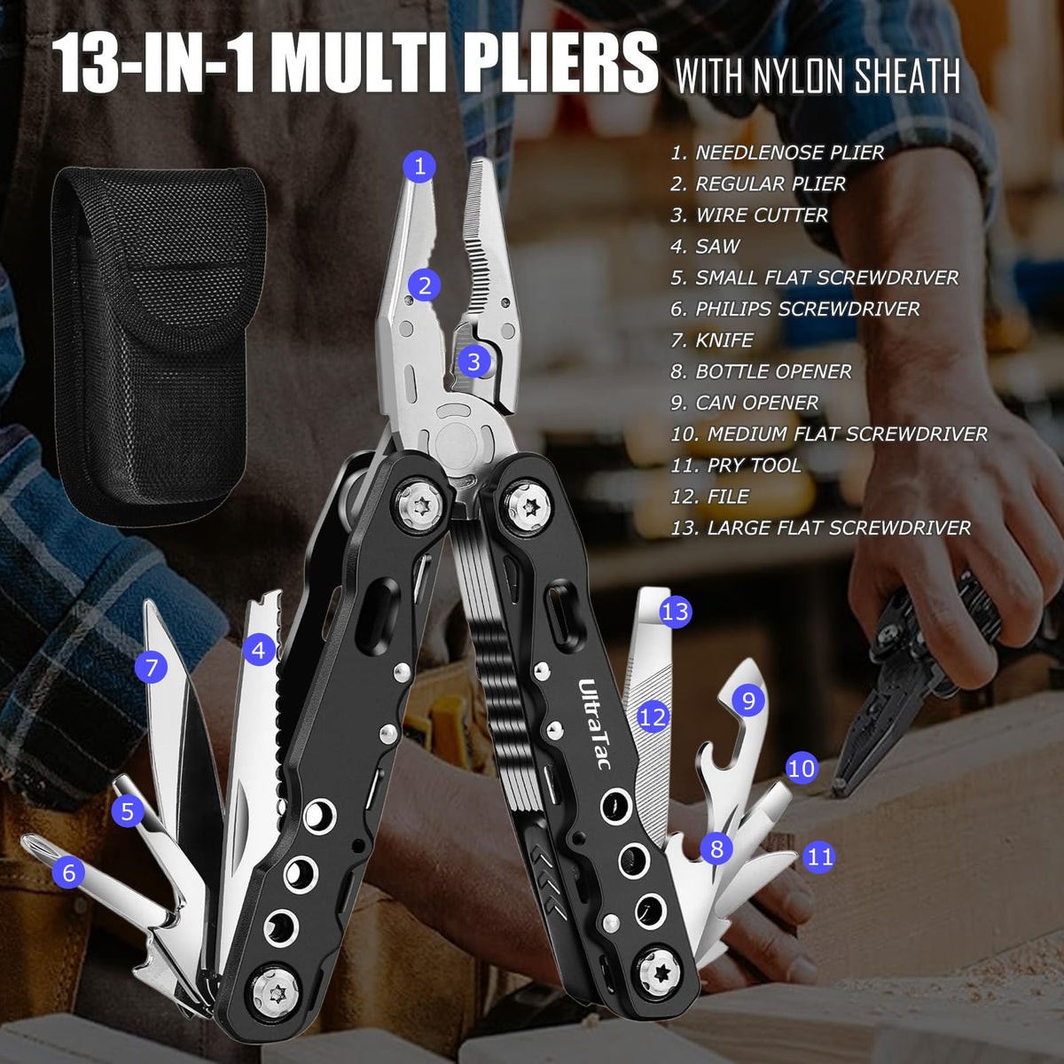 UltraTac Military Grade Multitool Gift Set for Men, Compact Survival Kit for Car Emergency, Birthday or Holiday Gift for Man, Pocket EDC Tools for Camping, Hiking & Quick Fixes - Stainless Steel