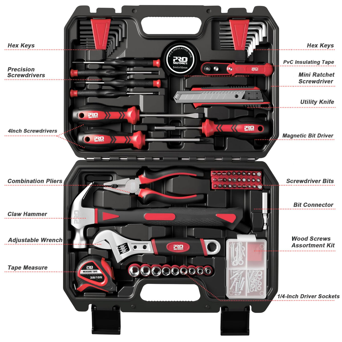 Prostormer 160-Piece Home Repair Tool Set, General Household Hand Tool Kit with Toolbox Storage Case for House, Garage, College Dorm and Office (Red)