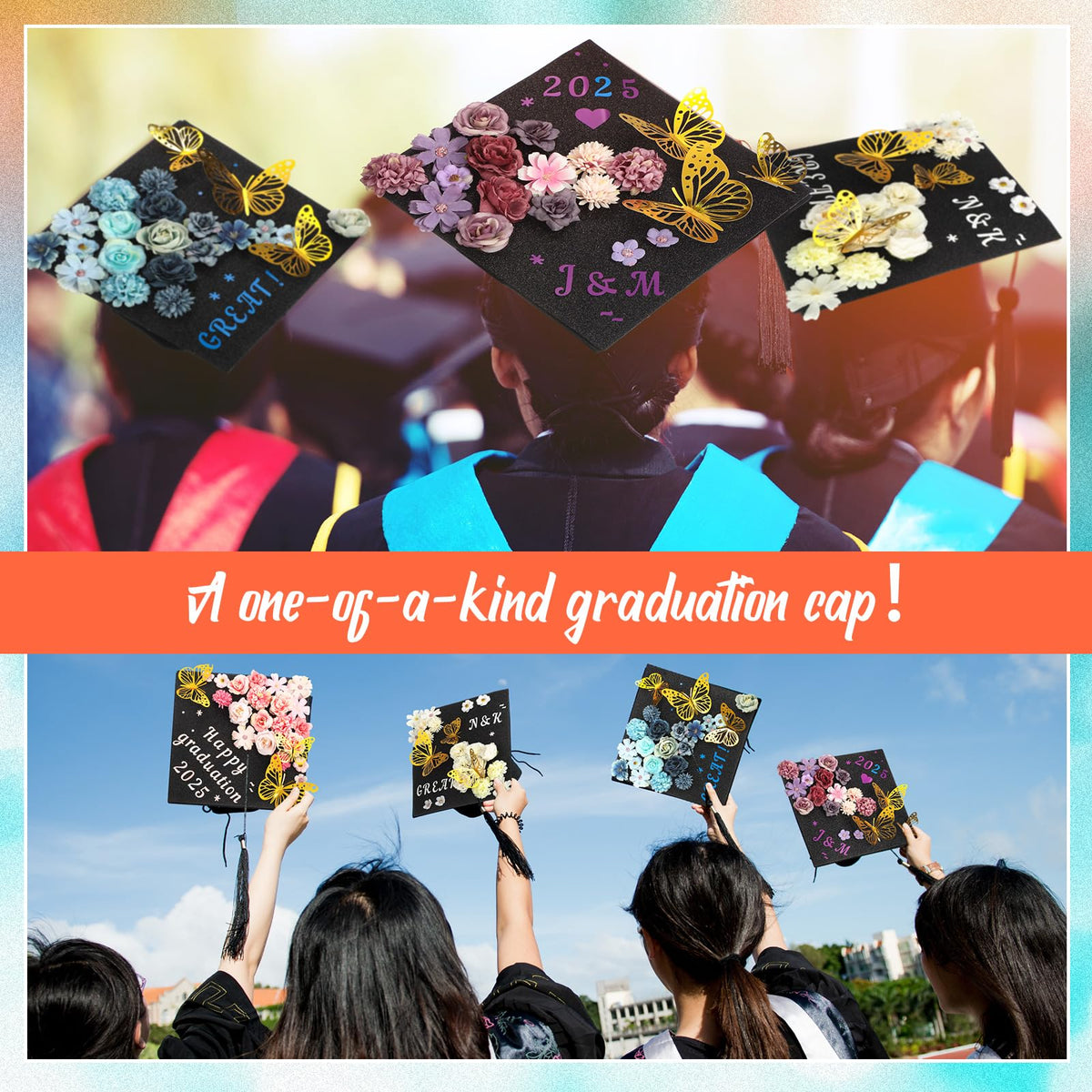 Gilprop 4 Sets 104 Pcs Graduation Cap Decorations Kits, Includes Faux Flower Heads 3D Butterfly Stickers Self Adhesive Glitter Alphabet Letter Number Stickers for Grad Hat Topper DIY