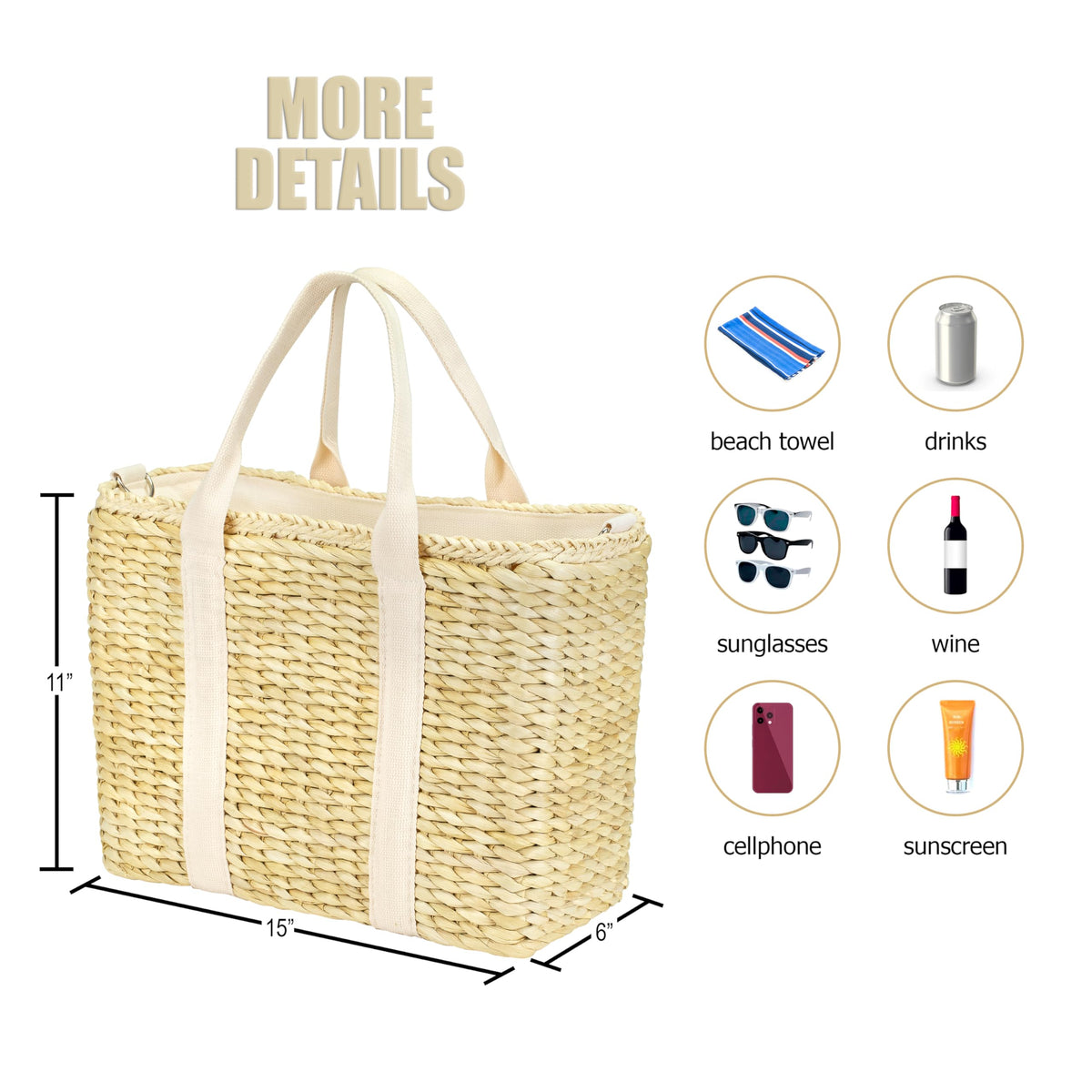 Daytani Insulated Beach Cooler Bag, Leak Proof, Premium Quality Corn Husk, Beach Bag, Pool Bag, Tote Bag, Straw, Rattan, Gifts for Women, Picnic Basket, Wedding Gifts, Lunch