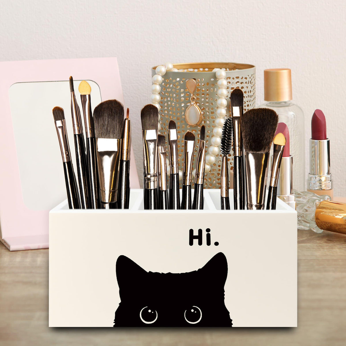 QZQE Funny Black Cat Pen Pencil Holder Organizer for Desk, Black Cat Lovers Gifts for Women Men Wooden Box Signs Decorations for Home Office Desk Tabletop, Gifts for Pet Lover