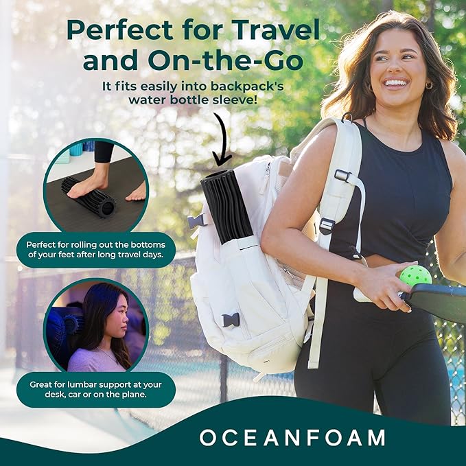 Oceanfoam Ripple Travel Foam Roller (11" x 3.35") Firm Mini Foam Roller for Physical Therapy, Deep Tissue Massage, Back Pain - High Density, Ergonomic Wave Textured - Yoga, Pilates, Exercise (Black)