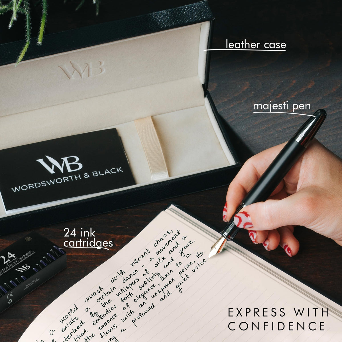 Wordsworth & Black Majesti Fountain Pen-(Black), Luxury Case, 24K Gold Finish; 18K Gilded Medium Nib- Ink Cartridges, Refillable Ink Converter-Calligraphy Pen-Best Business Gift Set for Men & Women