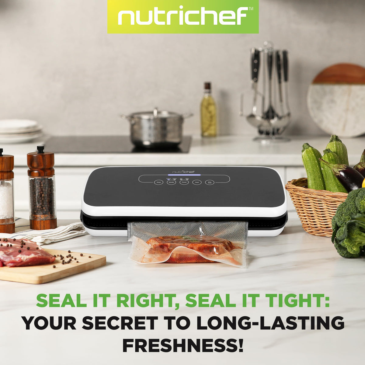 NutriChef Automatic Vacuum Air Sealing System for Food Preservation with Starter Kit, Compact Design, Lab Tested, Dry & Moist Food Modes with Led Indicator Lights, Black