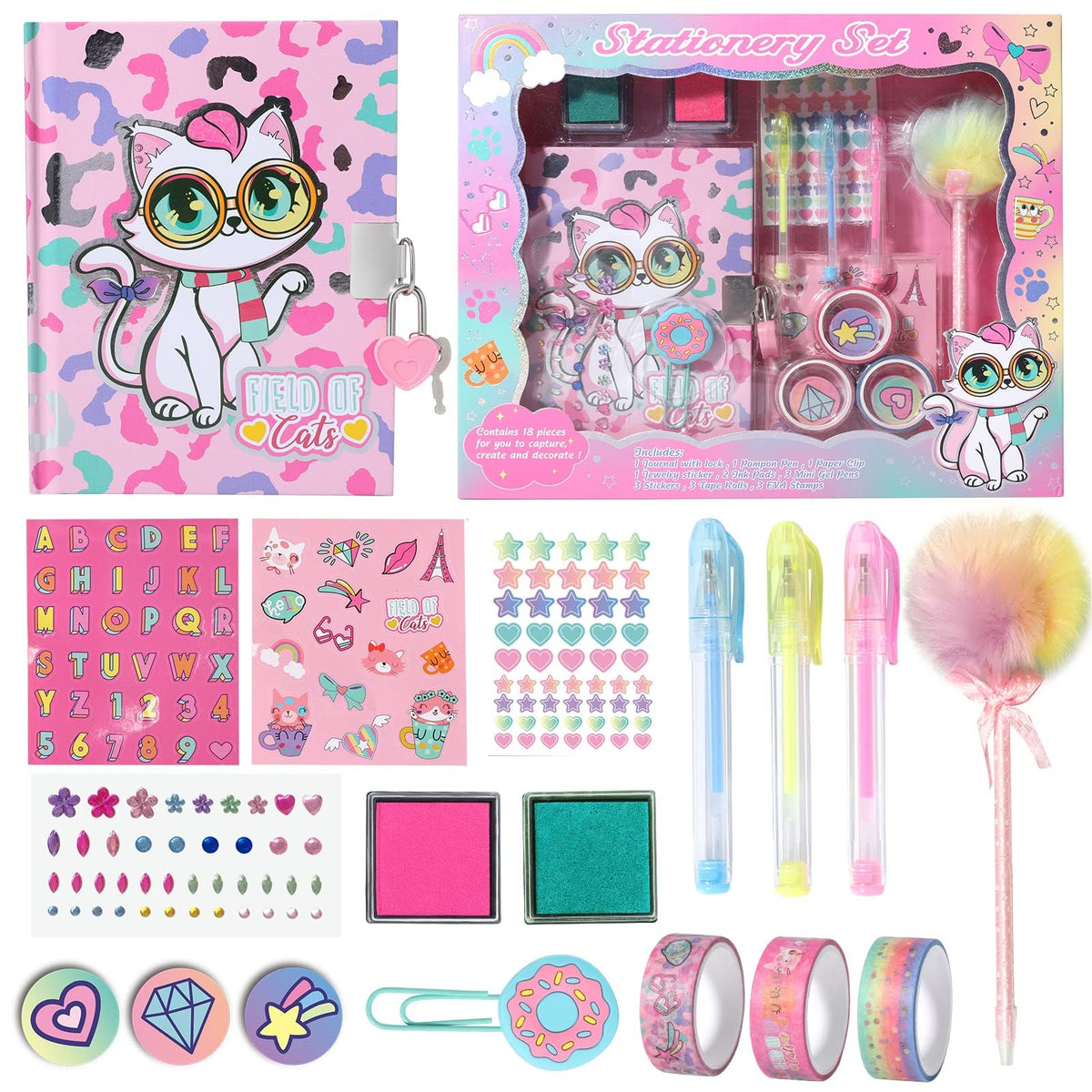 YOYTOO Cat Diary for Girls with Lock, Cat Stationery Set with Secret Diary, Stamps, Pens, Journal Notebook Birthday Gifts for Little Girls Age 5 6 7 8 9 10