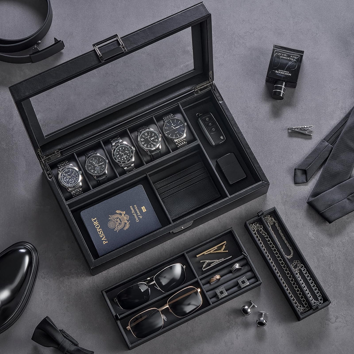 ProCase Men's Jewelry Box, 5-Slot Wood Watch Display Case Jewellry Storage Organizer for Sunglasses Rings Accessories with Hidden Compartment, Watch Holder with Glass Lid, Gift for Men -Black