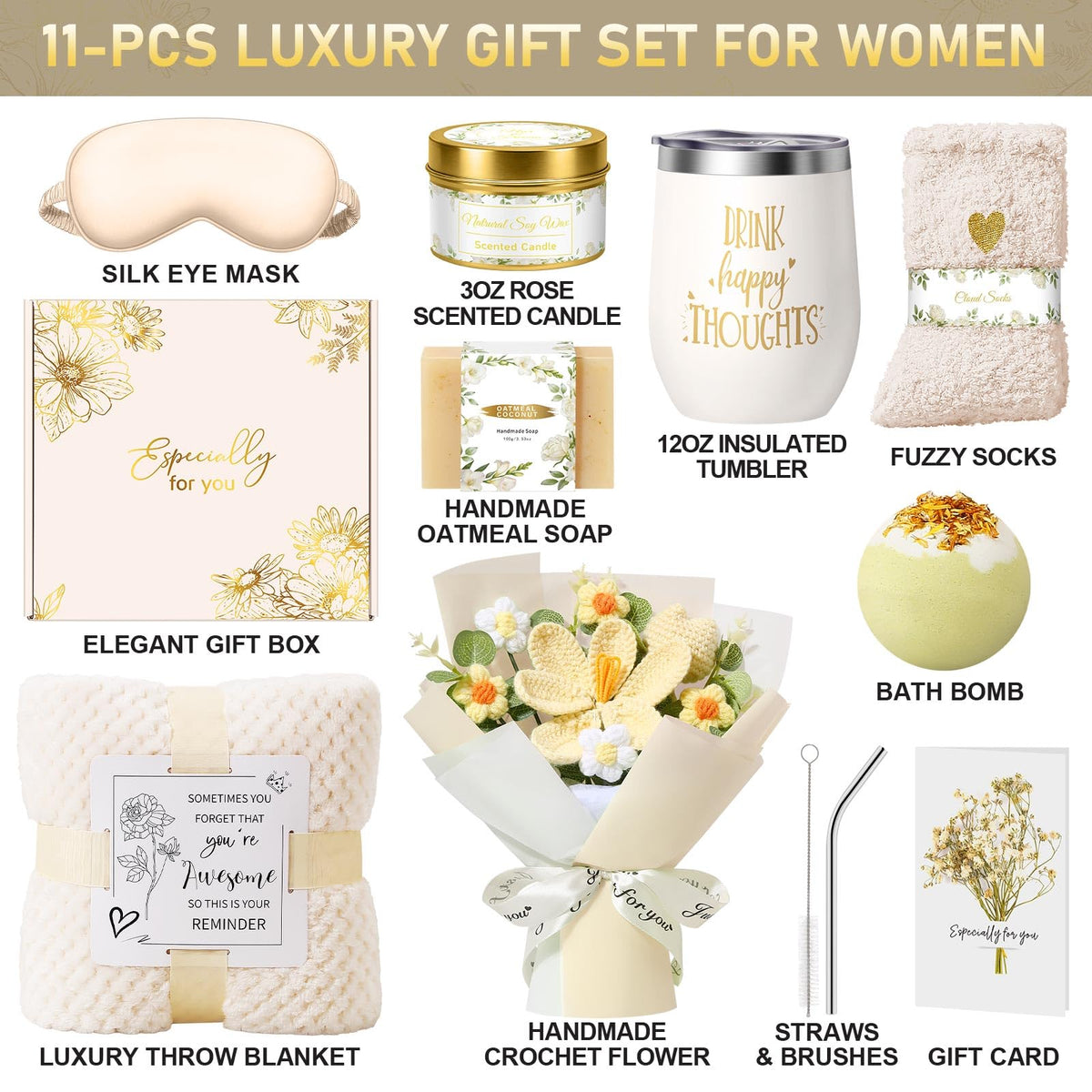 Birthday Gifts for Women, Gift Baskets for Women Self Care Spa Set, Get Well Care Package Inspirational Relaxation Mothers Day Gifts with Crochet Flower Bouquet for Mom Friend Sister