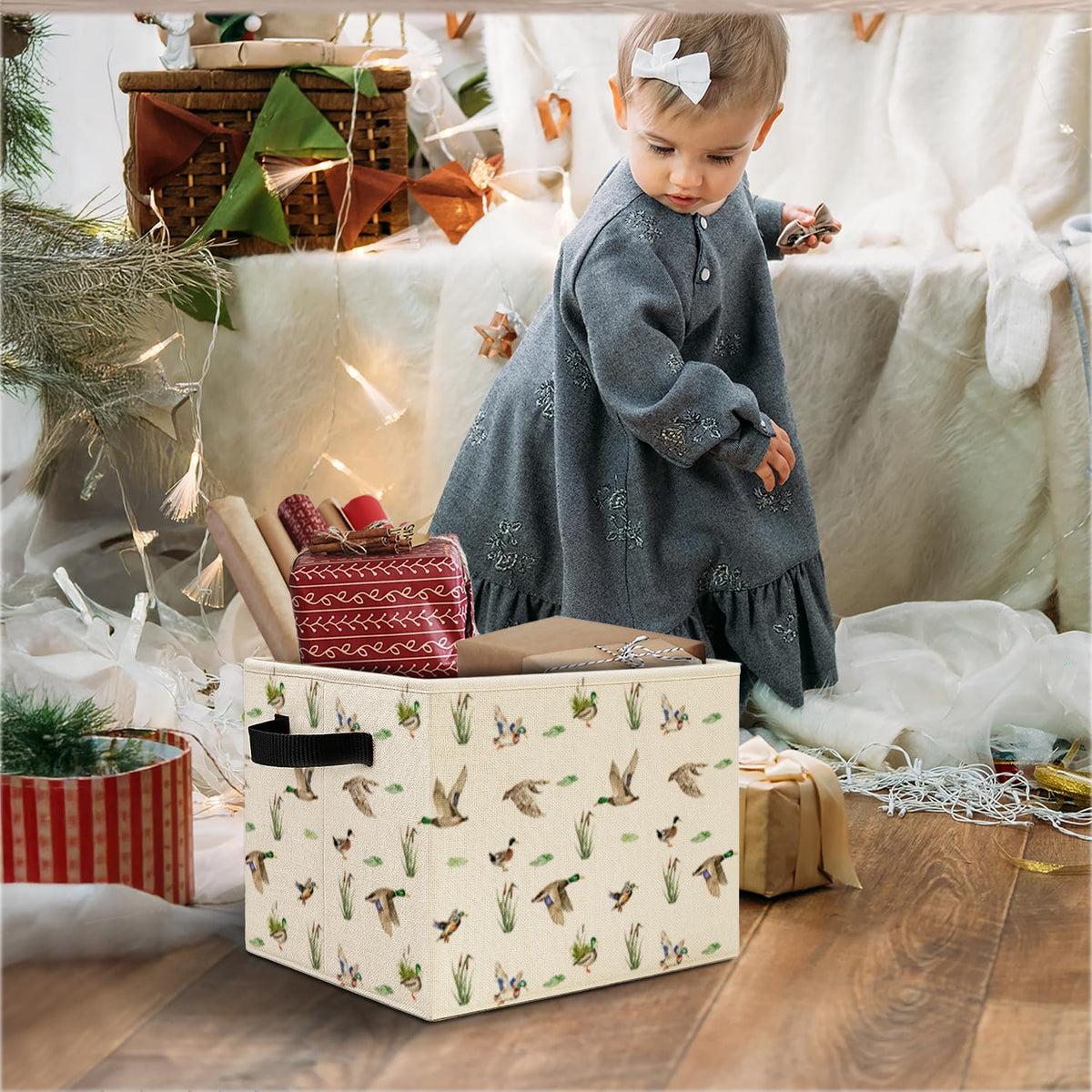 Elefeltclave Mallard Duck Nursery Storage Bins, Farmhouse Wild Green Head Ducks Hunting Collapsible Storage Basket Organizer for Kids Bedroom Bathroom Clothes Toys Books,Toybox for Girls
