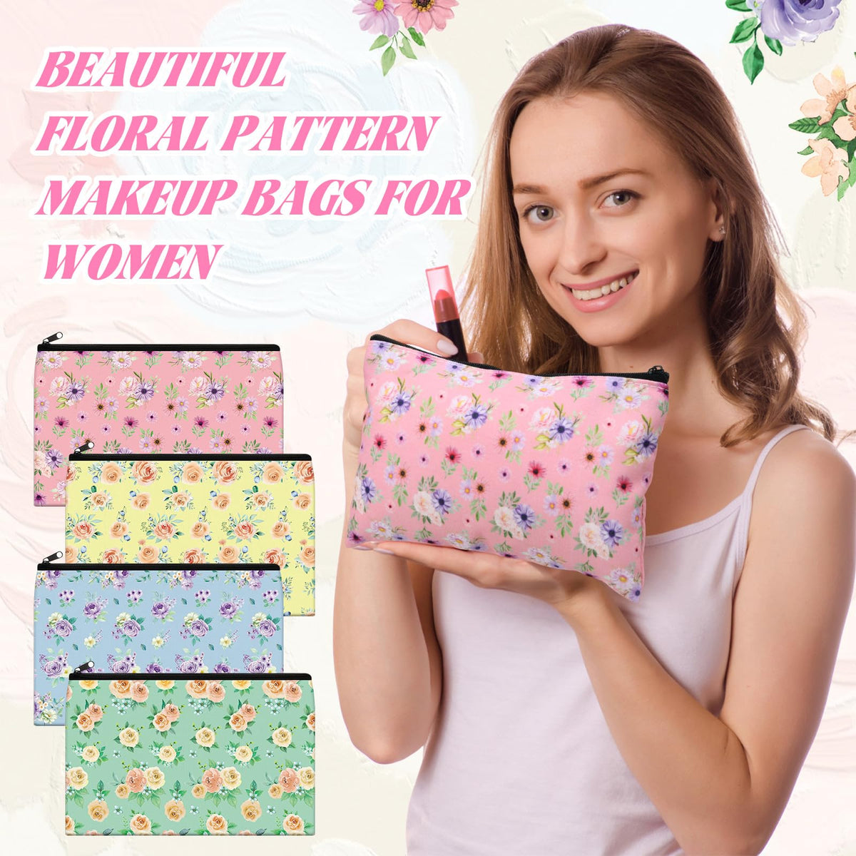 Eaasty 20 Pieces Flower Gift for Women Sticky Notes with Floral Pens, Pencil Bags Makeup Bags, 3 x 4 Inches Cute Note Pads, Funny 1.0 mm Ballpoint Pens, Office Supplies for Women