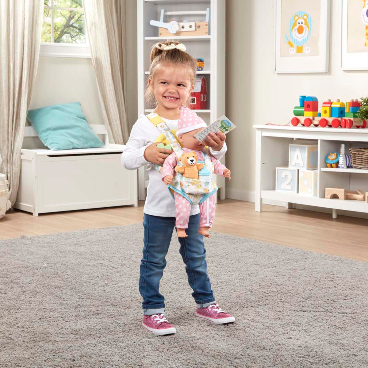 Melissa & Doug Mine to Love Carrier Play Set for Baby Dolls with Toy Bear, Bottle, Rattle, Activity Card