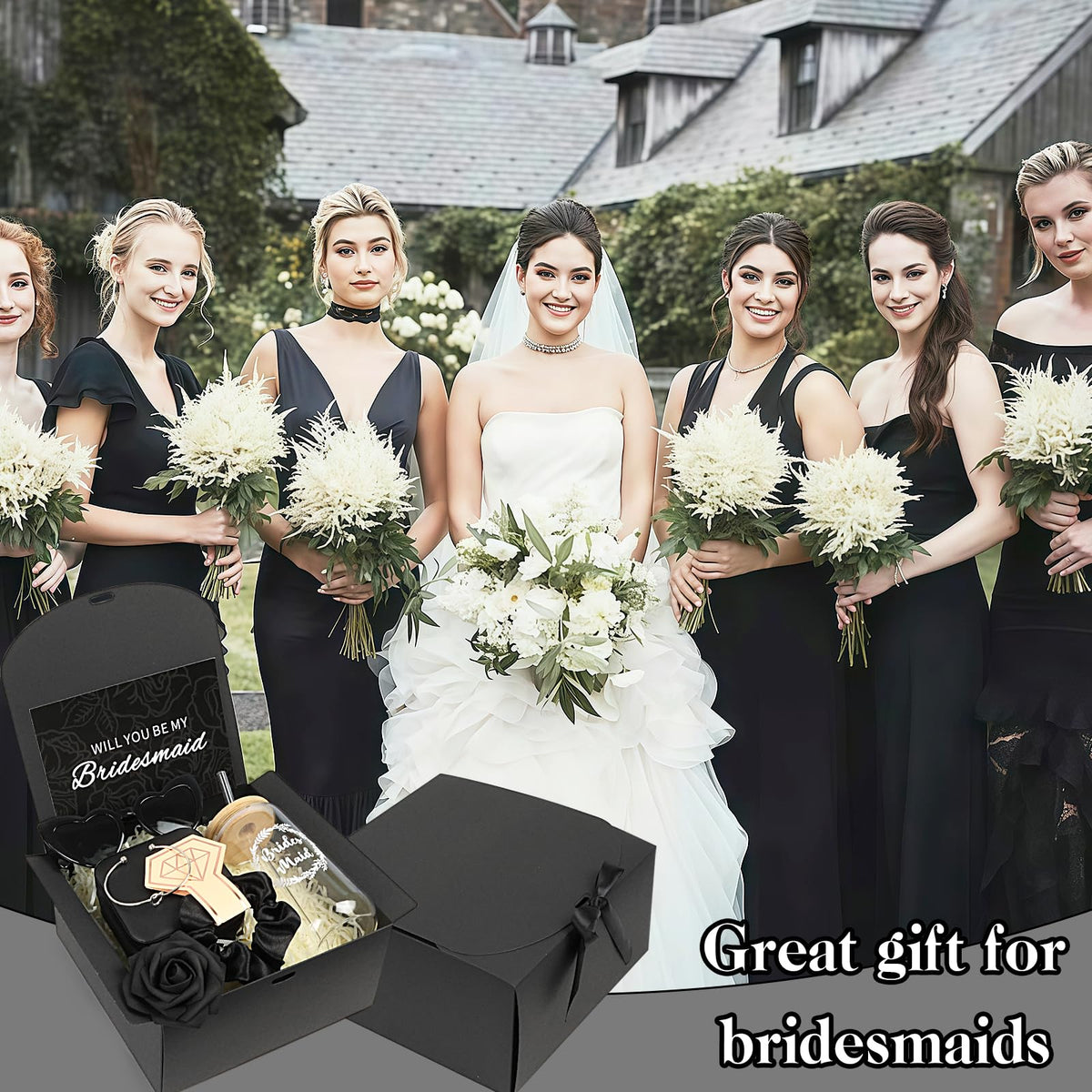 HOMENERGY Bridesmaid Proposal Gifts Set 6 - "Will You Be My Bridesmaid Kit with Elegant Box Jewelry Box Glass Cup Invited Cards Knotted Bracelets Sunglasses Scrunchies Raffia Grass (Black, 54 Pcs