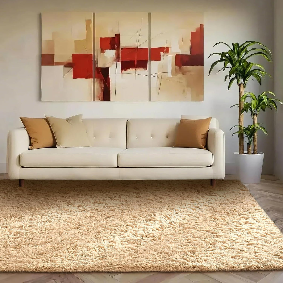 Ophanie Beige Area Rug - Plush Soft Shaggy Carpet for Living Room & Bedroom | 5x8 Size