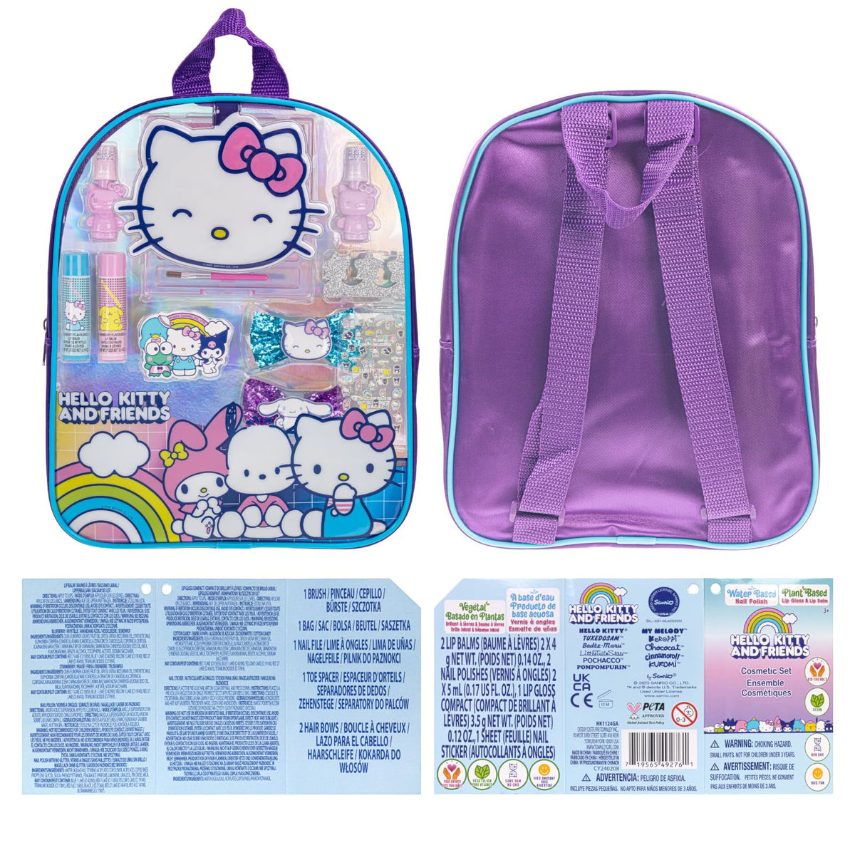 Hello Kitty and Friends Makeup Filled Backpack Set with 12 Pieces, Including Lip Gloss, Nail Polish, Nail Stones and Other Accessories, Ages 3+ for Parties, Sleepovers and Makeovers by Townley Girl