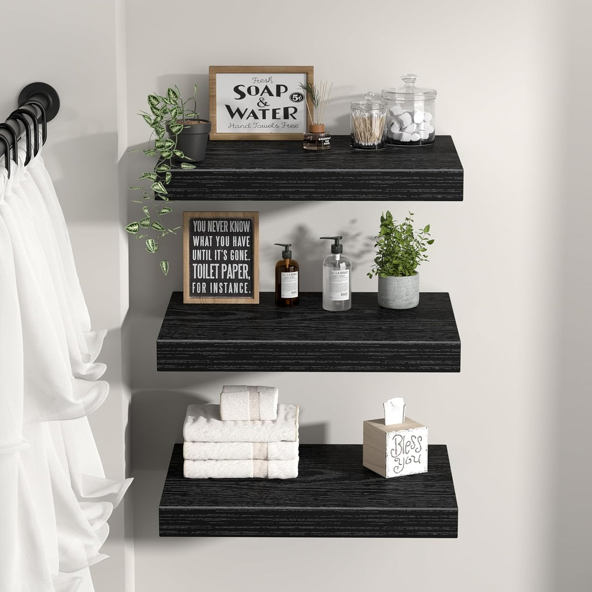 QEEIG Floating Shelves - 12" Deep Wall-Mounted Bookshelf Set of 3 for Bathroom, Bedroom & Kitchen - Black