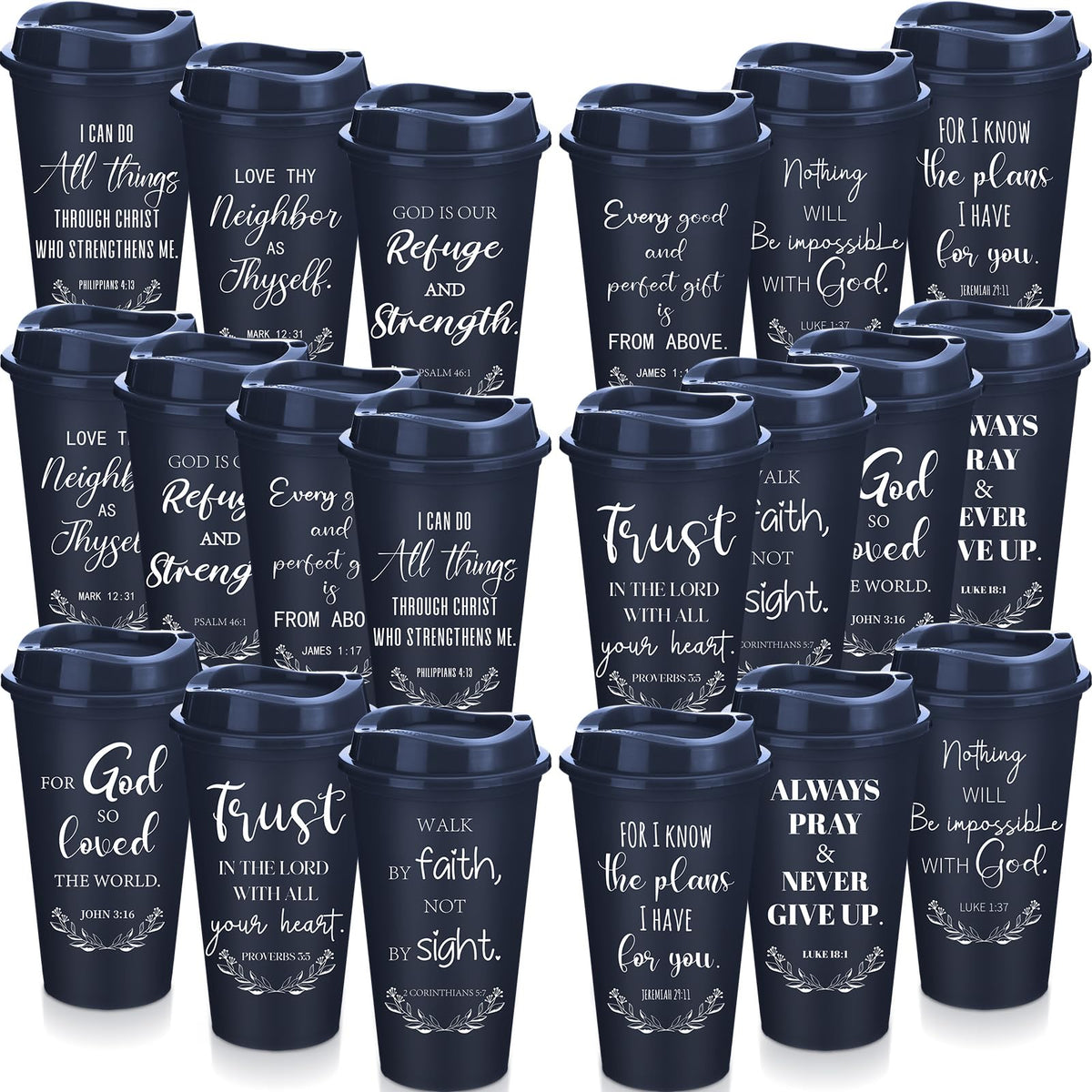 Skylety 60 Pack Christian Gifts for Men Women 16oz Reusable Bible Verse Tumbler Bulk Plastic Coffee Cup with Lid Inspirational Religious Church Gift for Mother Father Birthday (Blue)