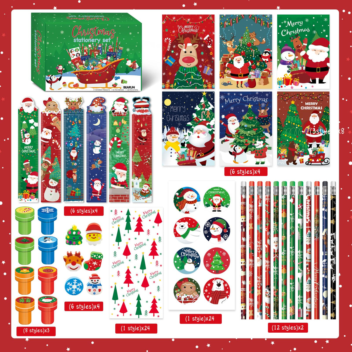 BEARUN 168 Pcs Christmas Party Favors Bulk for Kids-24-Pack Christmas Stationery Set for Stocking Stuffers, Christmas-Themed Classroom Gift Exchange School Games Prizes Carnival Events